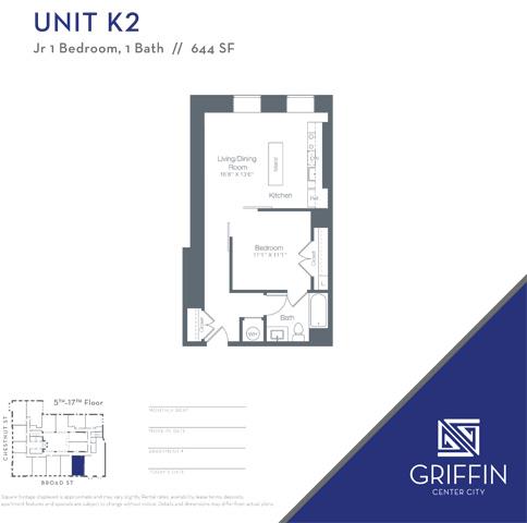 Floor plan for 1 bed, 1 bath, 636 sqft